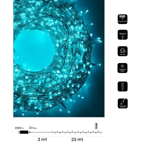 WISDOM Catena luminosa led Natale 500 led 25 mt cavo trasparente serie luminosa natalizie per esterno interno albero feste decorativa Acquamarina