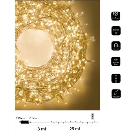 Catena luminosa led Natale 500 led 25 mt cavo trasparente serie luminosa natalizie per esterno interno albero feste decorativa  Calda