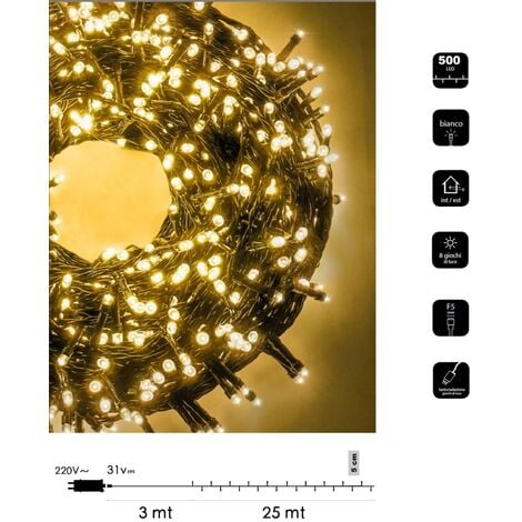 Catena luminosa led Natale 500 led 25 mt serie luminosa natalizie per esterno interno albero feste cavo verde decorativa  Calda