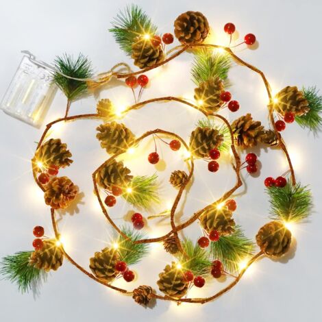 Catena luminosa natalizia a forma di mela e pino, 3 m, 30 luci, a batteria, bacche rosse, incantevole decorazione per interni ed esterni