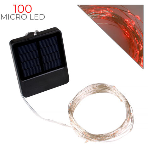 CATENA LUMINOSA SOLARE 10 METRI 100 MICRO LED ROSSI - CAVO FLESSIBILE ARGENTO PER DECORAZIONI NATALIZIE GIARDINI E INTERNI