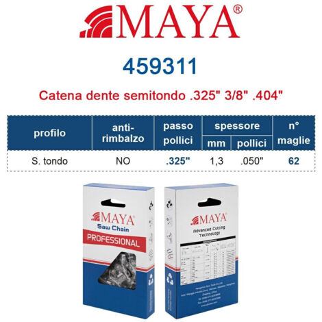 Catena Motosega .325" - 1,3 mm .050" - 62 maglie Prof. S.tondo senza antirimbalzo 459311