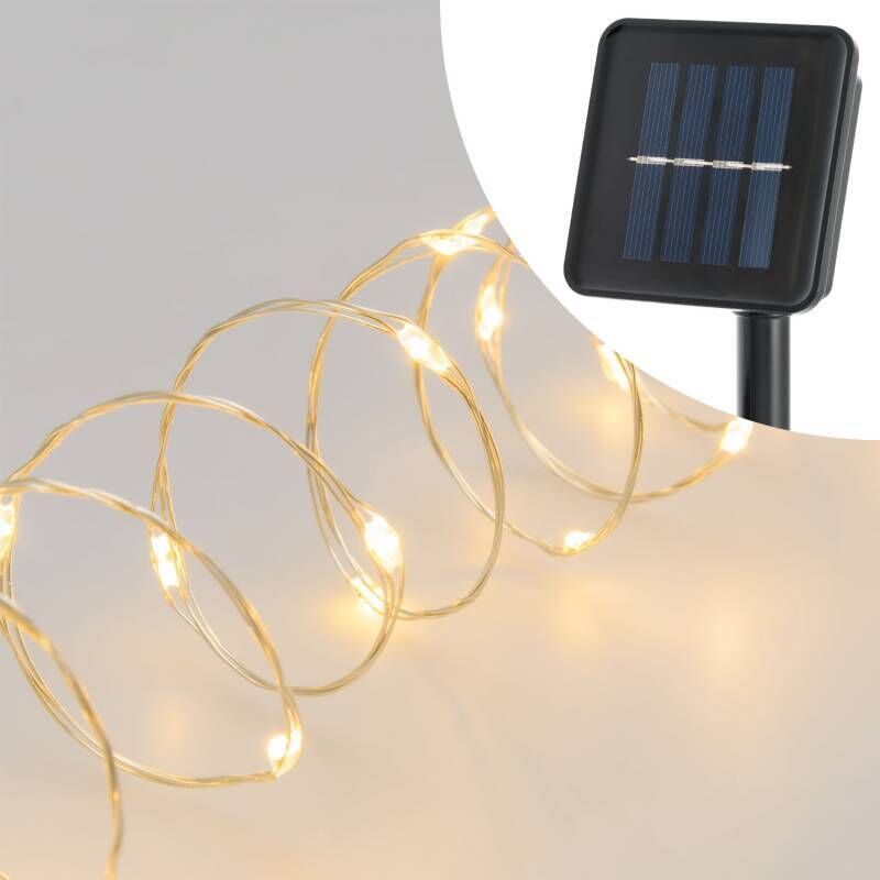 Guirlande lumineuse Solaire 20m 200 MicroLED blanc chaud fixe fil métal argenté Lotti
