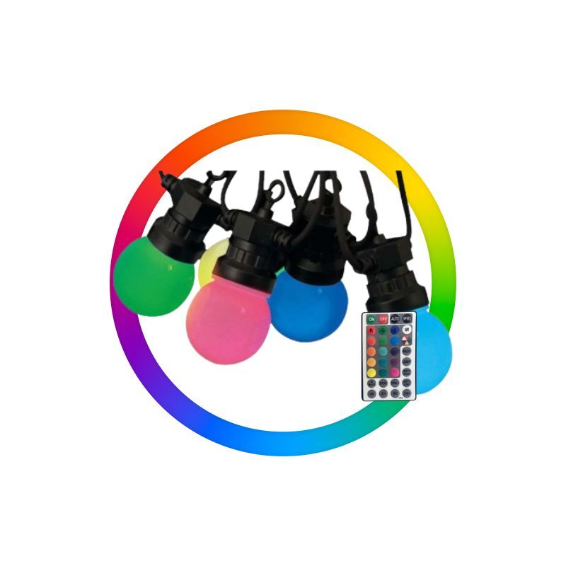 Guirlande Guinguette 13 Mètres avec 15 Ampoules LED 0,5W RGB avec télécommande V-TAC VT-713S - 270 ° - RGB
