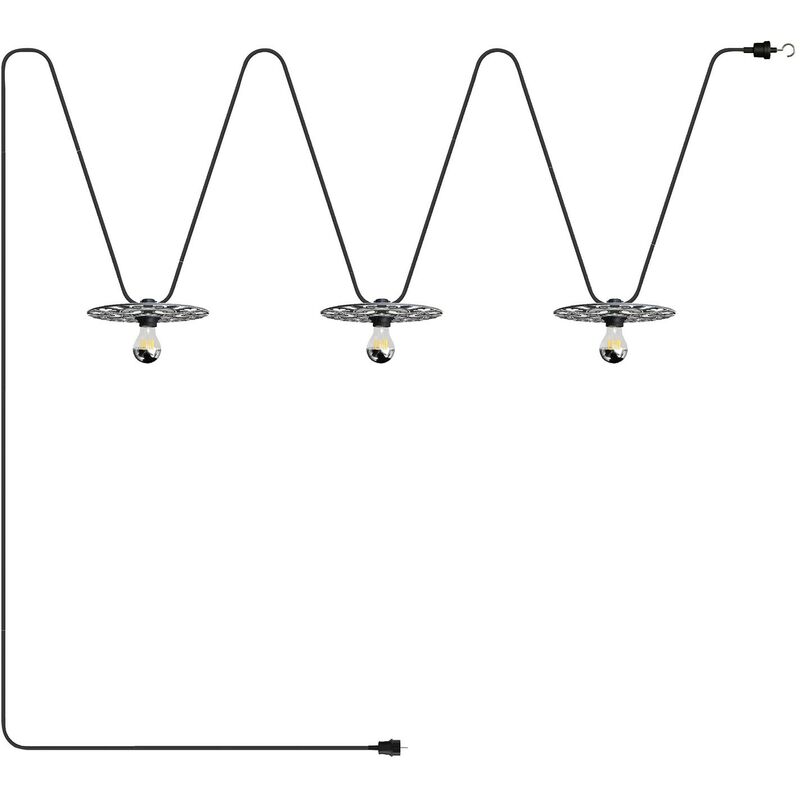 Image of Creative Cables - Catenaria Sistema Lumet 'Maioliche' da 10 m con cavo tessile, 3 portalampada e paralumi, gancio e spina nera Con lampadina