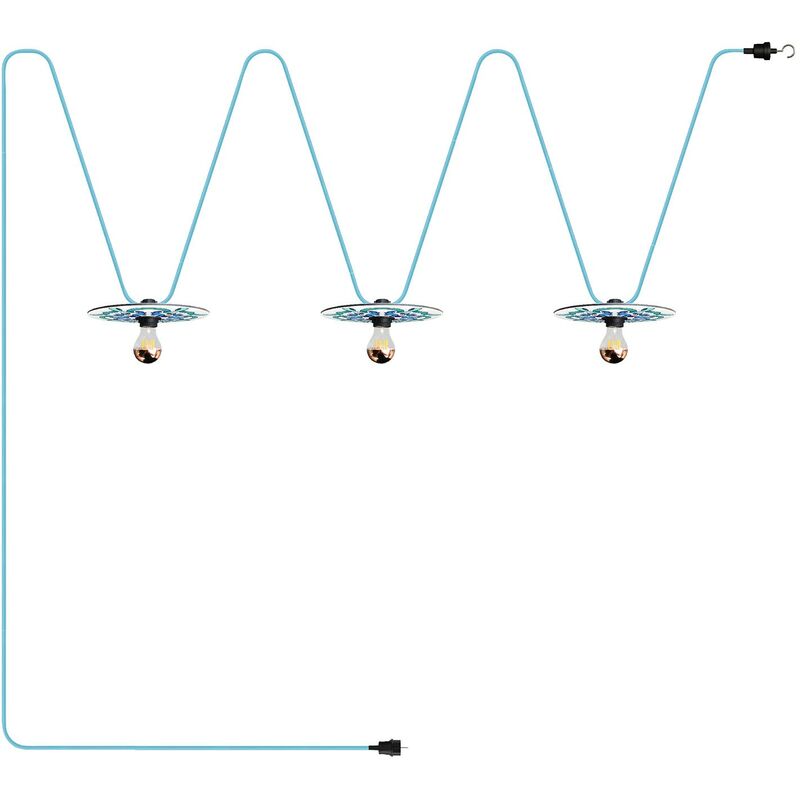 Image of Creative Cables - Catenaria Sistema Lumet 'Maioliche' da 10 m con cavo tessile, 3 portalampada e paralumi, gancio e spina nera Con lampadina