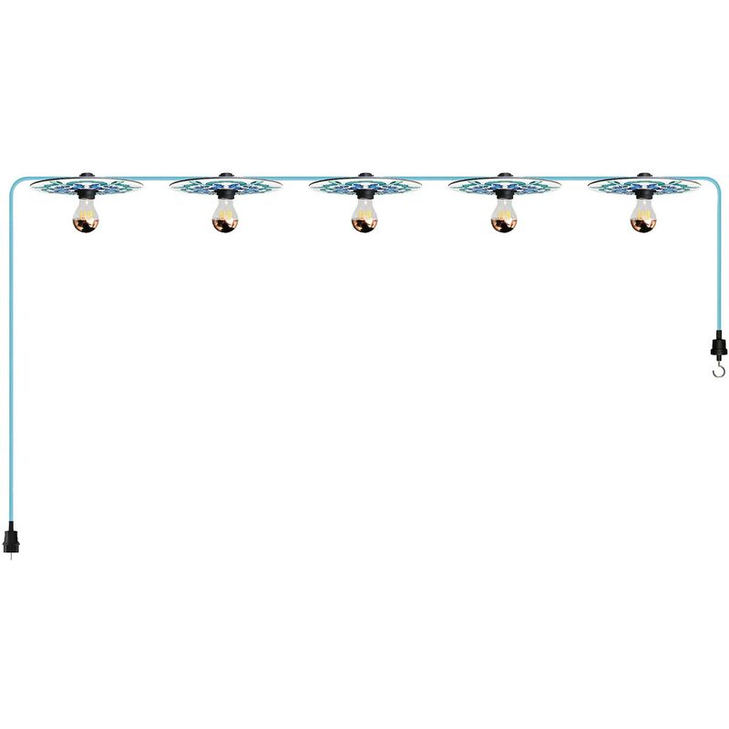Image of Catenaria Sistema Lumet 'Maioliche' da 7,5 m con cavo tessile, 5 portalampada e paralumi, gancio e spina nera Con lampadina - Maiolica Blu - Con