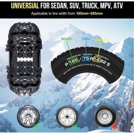 Catene da neve, catene da neve per auto, larghezza pneumatici 165-285 mm, adatte per berline, SUV, monovolume, pickup, ATV, 1 pezzo