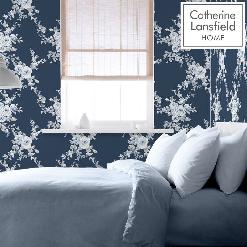 Catherine Lansfield - Canterbury Floral Navy Wallpaper Contemporary Floral Design - Navy