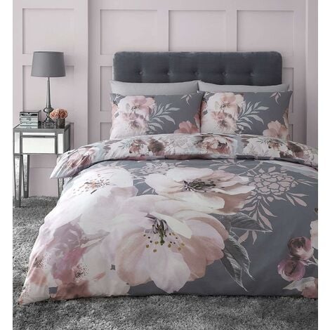 Catherine Lansfield Dramatic Floral Grey Duvet Cover Set Bedding King Size