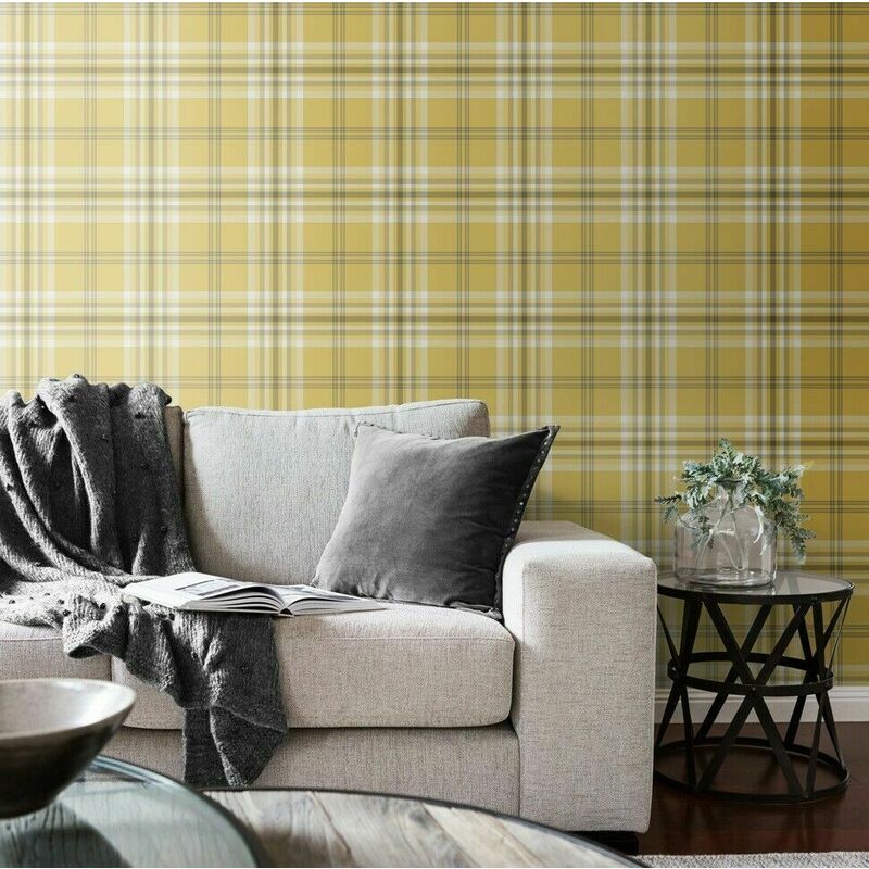 Catherine Lansfield Designer Kelso Check Tartan Ochre Yellow Wallpaper 165520