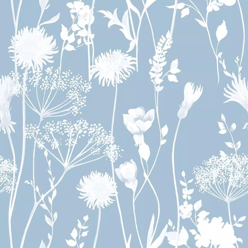 Catherine Lansfield - Meadowsweet Floral Blue Wallpaper Flowers Feature Wall