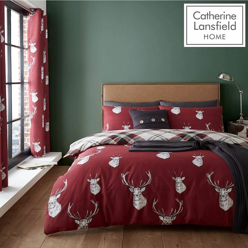 Catherine Lansfield Munro Stag Check Easy Care Single Duvet Set Red
