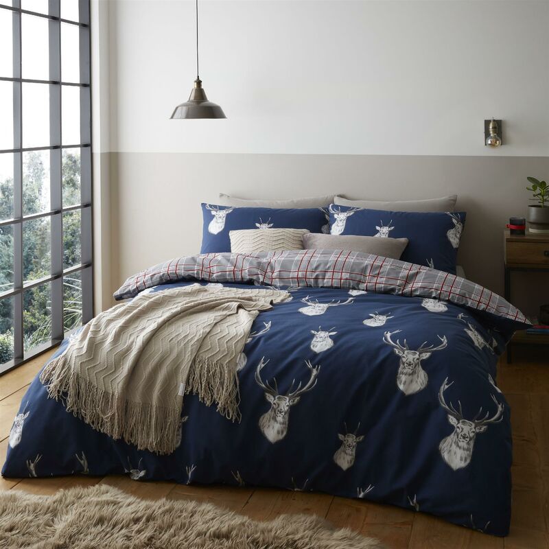 Catherine Lansfield Stag Double Duvet Cover Bedding Bed Set Navy Reversible Check Design - Navy