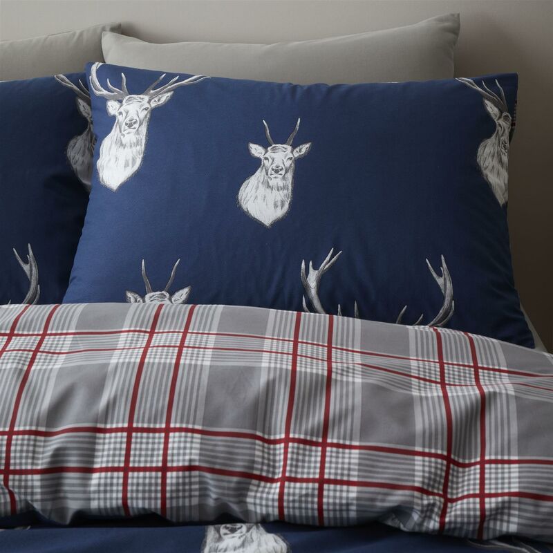 Stag King Duvet Cover Bedding Bed Set Navy Reversible Check Design - Navy - Catherine Lansfield