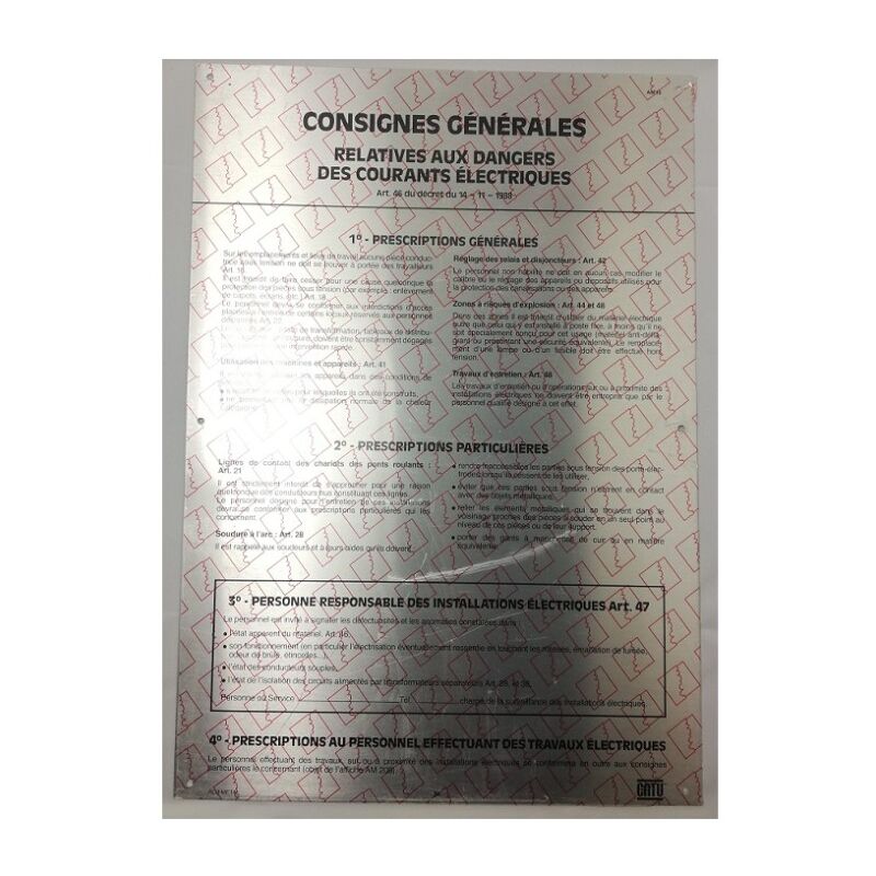 Catu - AM18 Plate displays general electrical safety instructions