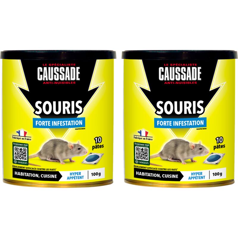 CAUSSADE Anti-Souris - Forte Infestation - Lieux Secs & Humides - 20 Sachets Pâtes - Prêt Ã l'emploi - Fabriqué en France - 2x100g - CASAPT10NX2