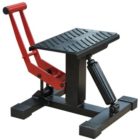 CAVALLETTO ALZAMOTO AD ALTEZZA REGOLABILE CON MANOVELLA. IN ACCIAIO E GOMMA. 28X17.5X24.5-35.5 CM. NERO E ROSSO