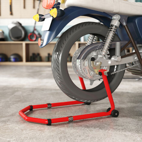 Cavalletto Moto Convertibile Anteriore Posteriore con Capacità di 390 kg, Supporto per Moto Regolabile con Forcelle a U e L, Rotelle e Cuscinetti Antiscivolo, per Garage e Officina, Rosso