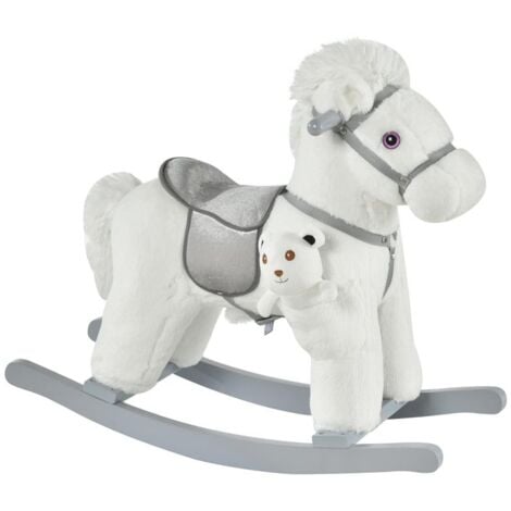 CAVALLO A DONDOLO IN PELUCHE E LEGNO CON SUONI E ORSETTO INCLUSO. PER BIMBI DA 18-36 MESI. 65X26X55CM. BIANCO