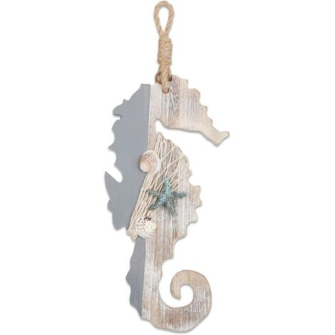 Cavalluccio marino decorativo in legno da 30 cm con stelle marine e conchiglie per decorazioni nautiche, arte da parete appesa