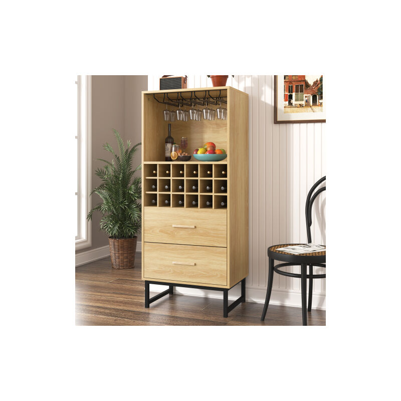 Cave à vin élégante avec deux tiroirs, 18 compartiments et étagères en verre - pieds en métal noir mat - parfait pour les amateurs de vin