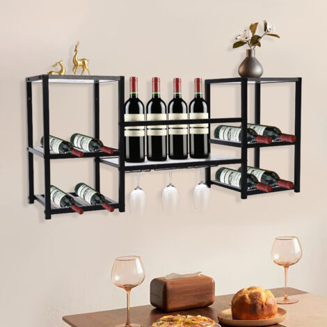Cave à vin murale à trois niveaux de style industriel avec étagères en bois et supports à bouteilles en métal. Idéale pour les bars, les salles à manger et les cuisines.
