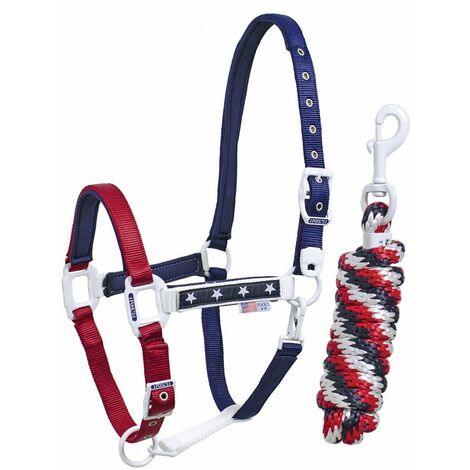 Cavezza in nylon stelle e colori USA con lunghina, fibbie bianche, imbottitura in neoprene e doppia regolazione: PONY, Bandiera america