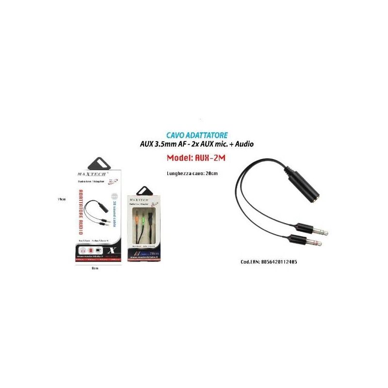 cavo adattatore audio aux 3.5mm femmina a maschio 2x aux microfono aux-2m - maxtech
