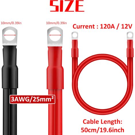 Cavo batteria auto 25mm² 50cm Cavo inverter batteria 3AWG 12V Cavo batteria con terminali ad occhiello M10 per camion auto moto marina solare rosso e nero 2 pezzi