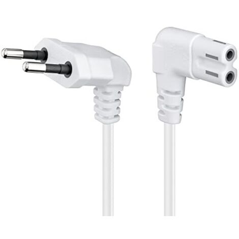Cavo di collegamento Euro plug angolato alle due estremità, 5 m, bianco, eurospina (tipo C CEE 7/16) 90°  presa C7 90°. Lunghezza del Cavo 5 m
