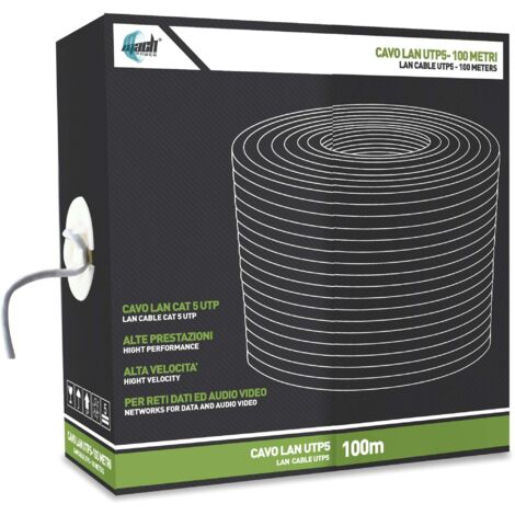 Cavo LAN UTP cat 5 grigio chiaro connettore RJ45   5 mm rotolo da 100 mt rete internet
