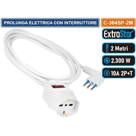 CAVO PROLUNGA  BIANCO 2 METRI CON INTERRUTTORE E PROTEZIONE DA SOVRATENSIONE 2300W SPINA ANGOLARE 10A 2P+T PRESA BIPASSO+SHUKO