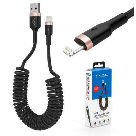 Cavo spiralato per impieghi gravosi, connettore USB-Lightning, intrecciato, 3 A, 1,5 m, per auto