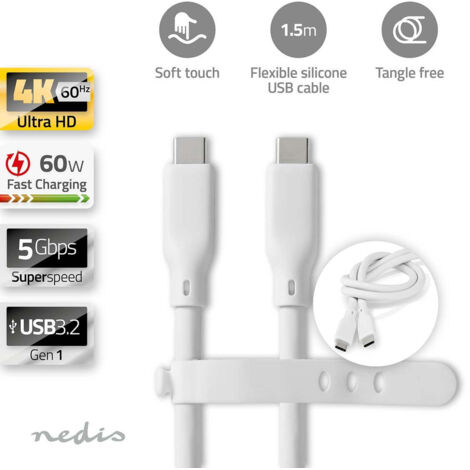 Cavo usb  usb 32 gen 1  usb c maschio  usb c maschio  60w  4k60hz  5gbps  nichelato  150 m  rotondo  silicone  bianco  scatola 83961702 83961702 83961702 83961702