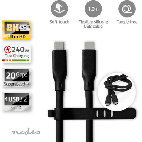 Cavo usb usb 32 gen 2 usb c hane usb c hane 240 w 8k30hz 20 gbps nickelplaterad 100 m round silicone vit lada