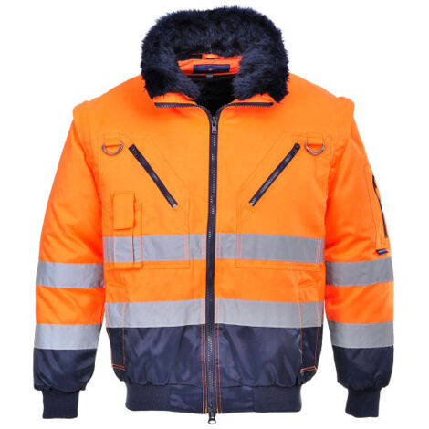 Cazadora 3 en 1 de alta visibilidad, cuello lanoso desmontable con cintas reflectantes PJ50 M Naranja flúor / Azul marino