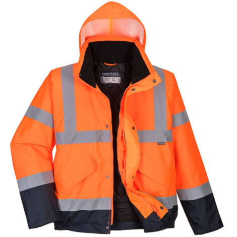 Cazadora impermeable bicolor de alta visibilidad con capucha y cintas reflectantes S266 XXL Naranja flúor / Azul marino