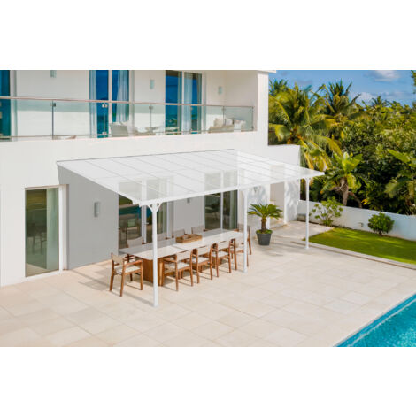 Cazeboo – Pergola adossée 16,5m² en aluminium blanc – Toit en polycarbonate alvéolaire – Dimensions 5,5x3m – Résistante aux intempéries