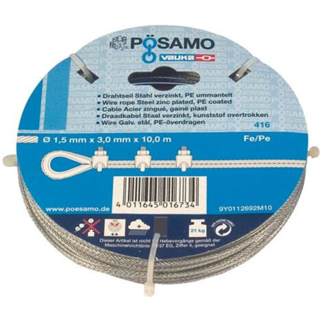 Cble d'acier 3 sur 5 mm anneau 10m galvanis