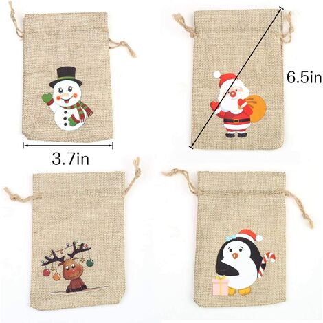 CCINEE Sacs en lin de Noël 36 pièces avec cordons Sacs cadeaux de Noël en toile de jute avec cordons de jute doubles, 4 motifs Bonhomme de neige, Père Noël, Pingouin et Elk