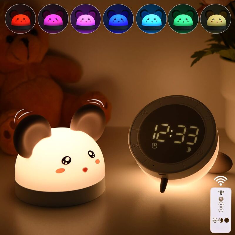 Ccykxa - 1 pcs Veilleuse Enfant 3-en-1 Réveil et Veilleuse 7 Couleurs led Portable Souris Horloge de Chevet en Silicone Luminosité Réglable avec