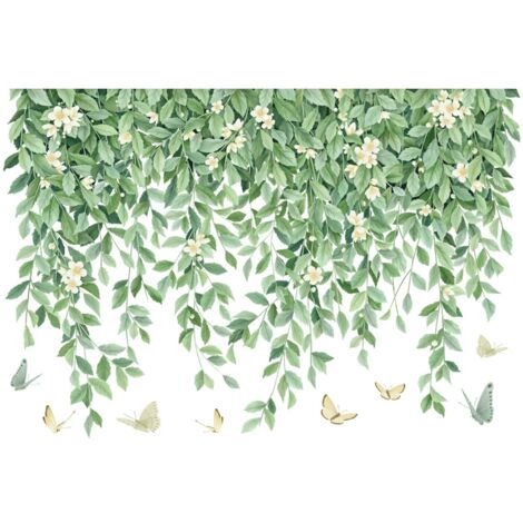 CCYKXA 1 Set Large Green Vine Wall Stickers, Butterfly Flower Wall Stickers, Living Room Decoration, Spring Plant Stickers, Wall Decals for Bedroom, Office, Classroom, Kitchen, TV Wall
