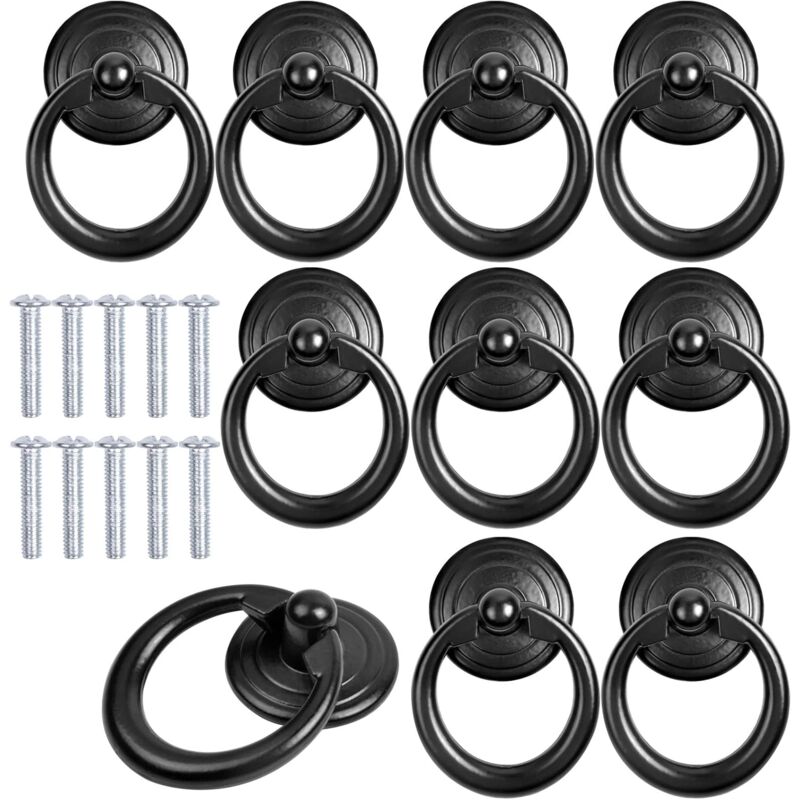 Ccykxa - 10 Pcs Noir Poignée d'Armoire Metal Bouton de Porte Tiroir Bague Poignée de Traction Classique Poignee de Meuble Rond Bouton de Meuble