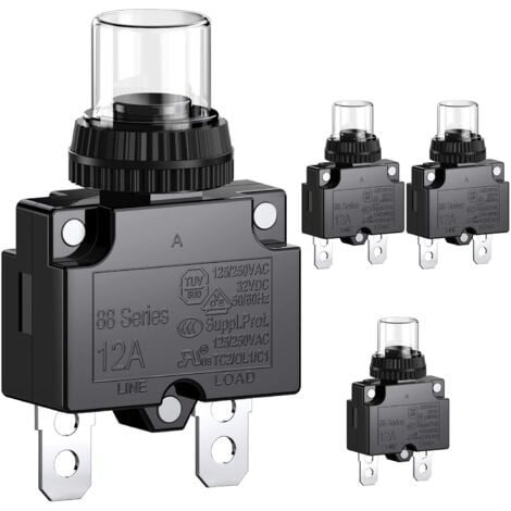 CCYKXA 12-A-Leistungsschalter mit thermischem Überlastschutz, Serie 88, manuelles Zurücksetzen per Druckknopf, mit Schnellanschlussklemmen und wasserdichter Kappe, 32 V DC oder 125/250 V AC, 4 Stück