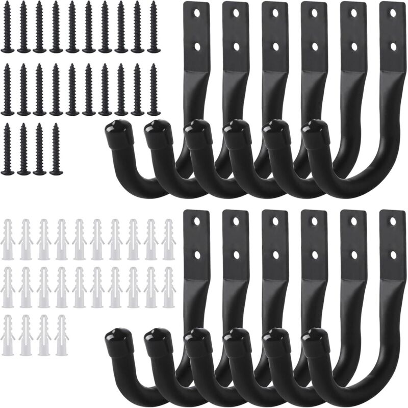 CCYKXA 12 Pcs Black Wall-Mounted Garage Hooks, Wall-Mounted Bike Racks, Wall-Mounted Bike Hangers, Garage Ladder Storage Hooks, Heavy-Duty J-Hooks