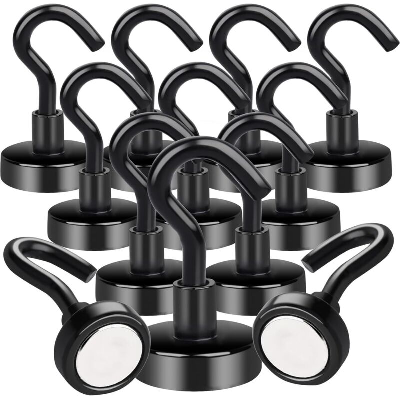 CCYKXA 12-Piece Magnetic Hook Set, 8 kg Capacity, Powerful Neodymium Magnet, for Fridge, Kitchen, Office, School, Heavy-Duty Ceiling Hook, Silver and
