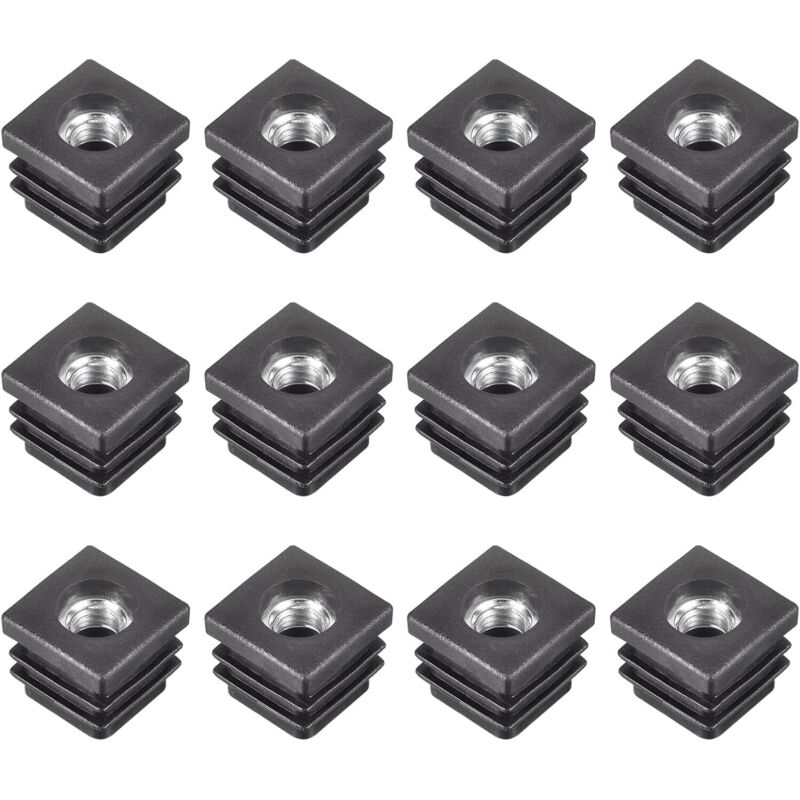 12Pcs Inserts pour Carré Tubes avec M8 Fil, for 0.79'x0.79' od Carré Tube, Carré Noir Plastique Bouchon Roulette Insert Chaise Embouts Meuble Pieds
