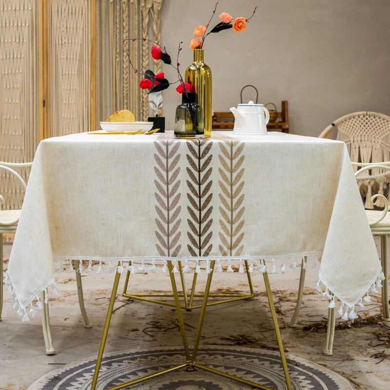 CCYKXA (1400×1800×5) Nappe de Ferme rectangulaire en Coton et Lin Lavable et antisalissure avec Pompons pour Cuisine, Salle à Manger, Pique-Nique,