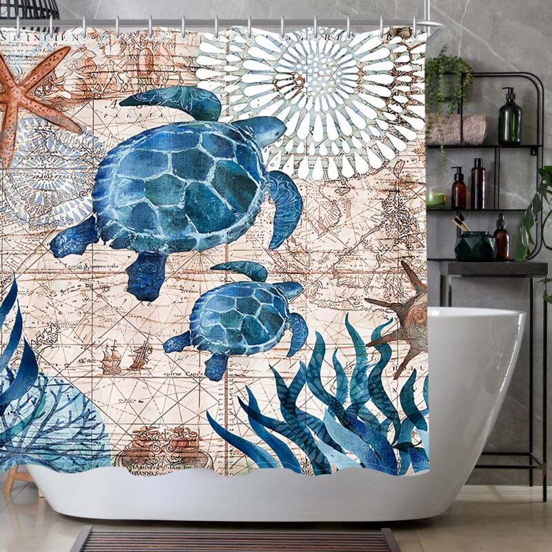 180 x 180 cm Rideau de douche , motif tortue de mer, ourlet lesté anti-moisissure, imperméable, lavable en tissu polyester, avec œillets et 12